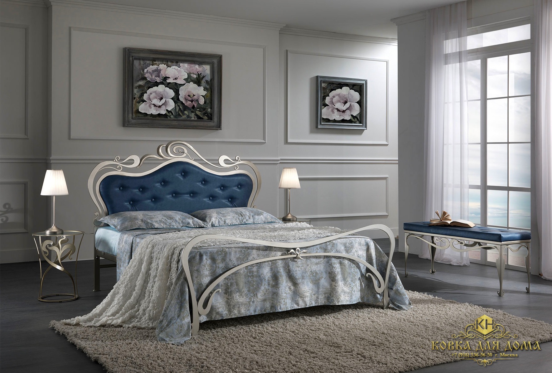 Красивая крепкая стальная кровать с мягким изголовъем кожа каретная ...